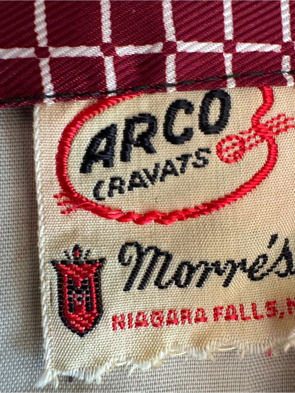 Vintage Arco Cravats Burgundy Geometric Necktie Mid Century Niagara Falls 1950s